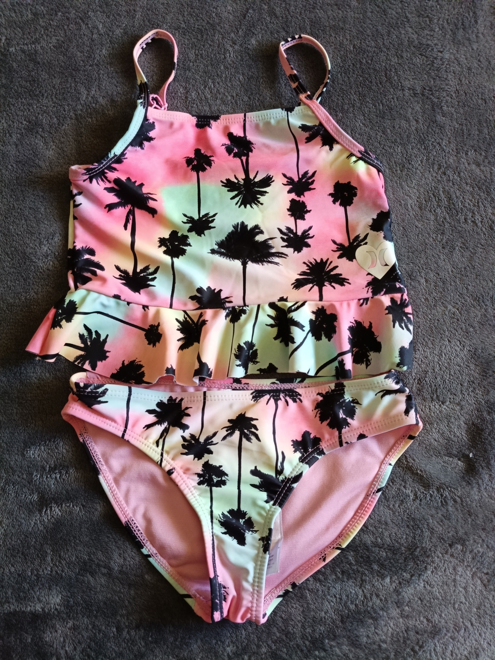 Hurley Pink Ruffle Two-Piece Swimsuit with Palm Print Accents